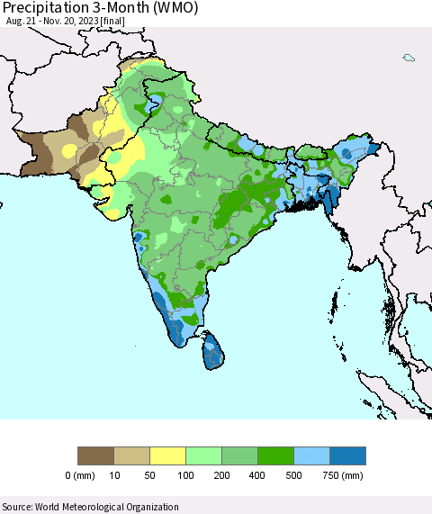 Southern Asia Precipitation 3-Month (WMO) Thematic Map For 8/21/2023 - 11/20/2023