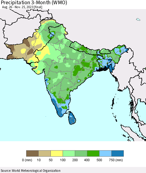 Southern Asia Precipitation 3-Month (WMO) Thematic Map For 8/26/2023 - 11/25/2023