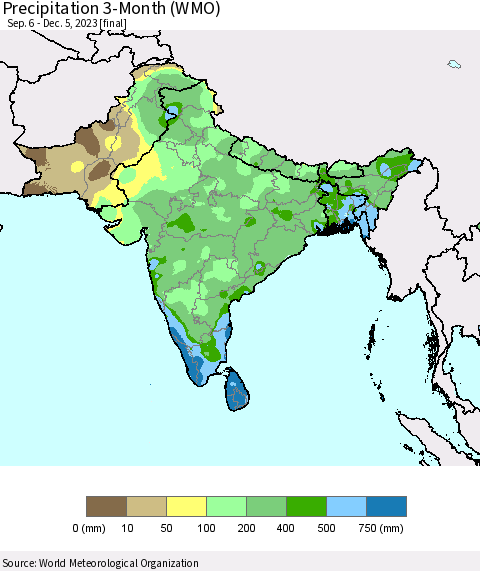 Southern Asia Precipitation 3-Month (WMO) Thematic Map For 9/6/2023 - 12/5/2023