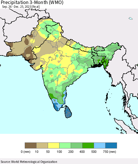 Southern Asia Precipitation 3-Month (WMO) Thematic Map For 9/26/2023 - 12/25/2023