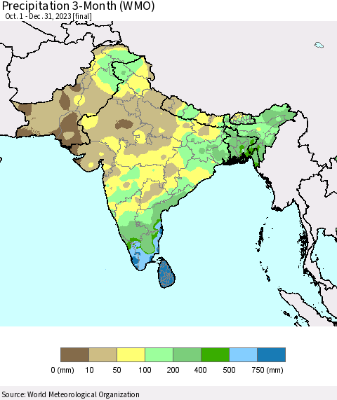 Southern Asia Precipitation 3-Month (WMO) Thematic Map For 10/1/2023 - 12/31/2023
