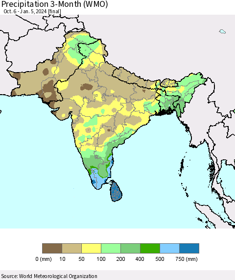 Southern Asia Precipitation 3-Month (WMO) Thematic Map For 10/6/2023 - 1/5/2024