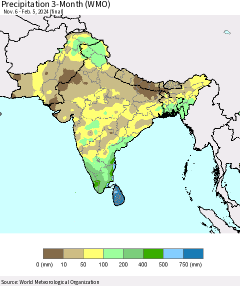 Southern Asia Precipitation 3-Month (WMO) Thematic Map For 11/6/2023 - 2/5/2024