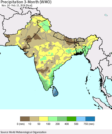 Southern Asia Precipitation 3-Month (WMO) Thematic Map For 11/16/2023 - 2/15/2024