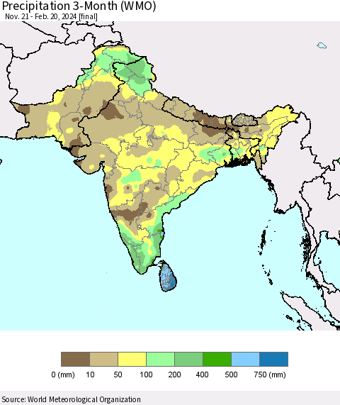Southern Asia Precipitation 3-Month (WMO) Thematic Map For 11/21/2023 - 2/20/2024