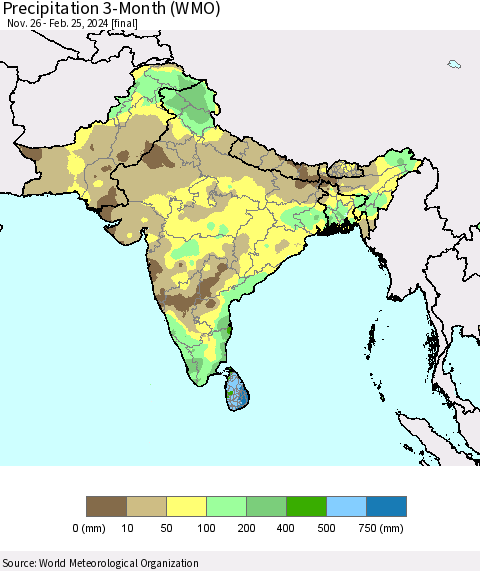 Southern Asia Precipitation 3-Month (WMO) Thematic Map For 11/26/2023 - 2/25/2024