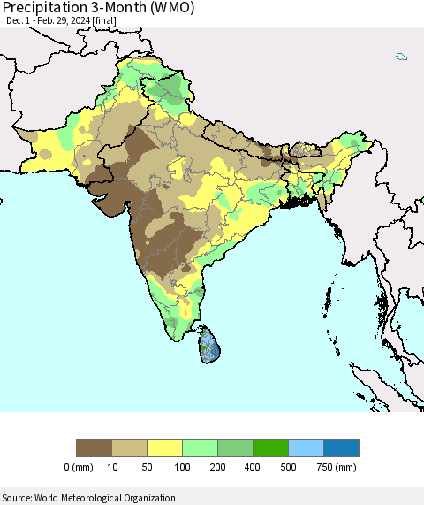 Southern Asia Precipitation 3-Month (WMO) Thematic Map For 12/1/2023 - 2/29/2024