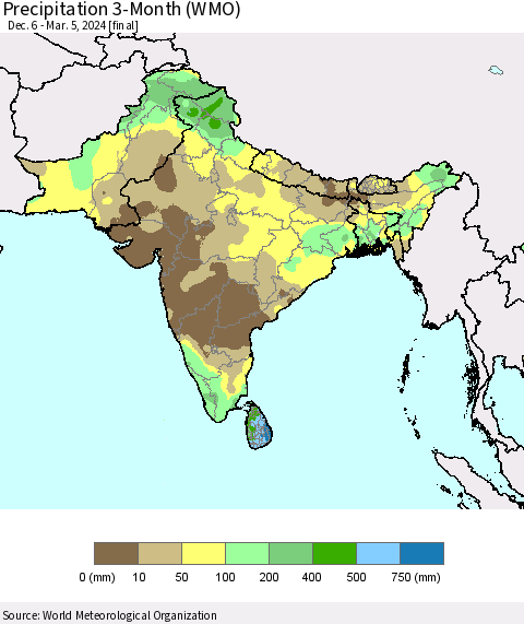 Southern Asia Precipitation 3-Month (WMO) Thematic Map For 12/6/2023 - 3/5/2024