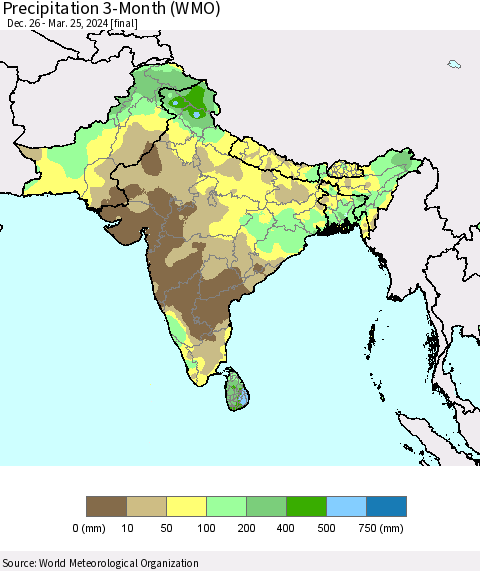 Southern Asia Precipitation 3-Month (WMO) Thematic Map For 12/26/2023 - 3/25/2024