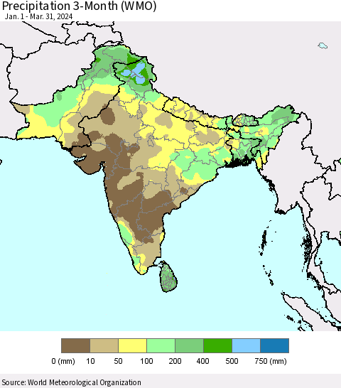 Southern Asia Precipitation 3-Month (WMO) Thematic Map For 1/1/2024 - 3/31/2024