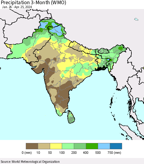Southern Asia Precipitation 3-Month (WMO) Thematic Map For 1/26/2024 - 4/25/2024