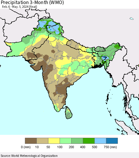 Southern Asia Precipitation 3-Month (WMO) Thematic Map For 2/6/2024 - 5/5/2024