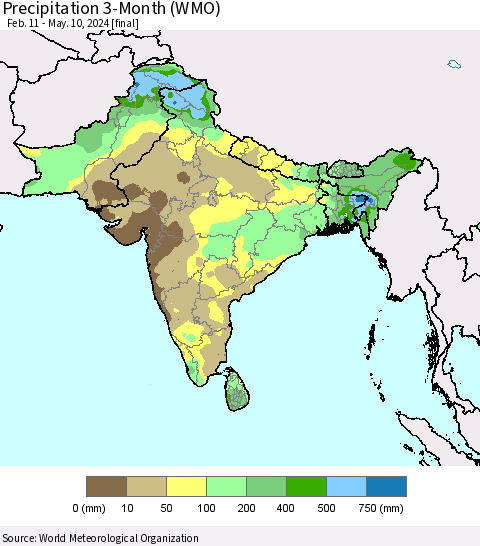 Southern Asia Precipitation 3-Month (WMO) Thematic Map For 2/11/2024 - 5/10/2024