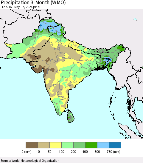 Southern Asia Precipitation 3-Month (WMO) Thematic Map For 2/16/2024 - 5/15/2024