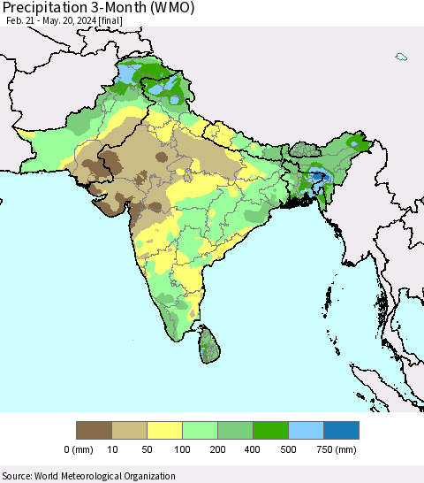 Southern Asia Precipitation 3-Month (WMO) Thematic Map For 2/21/2024 - 5/20/2024