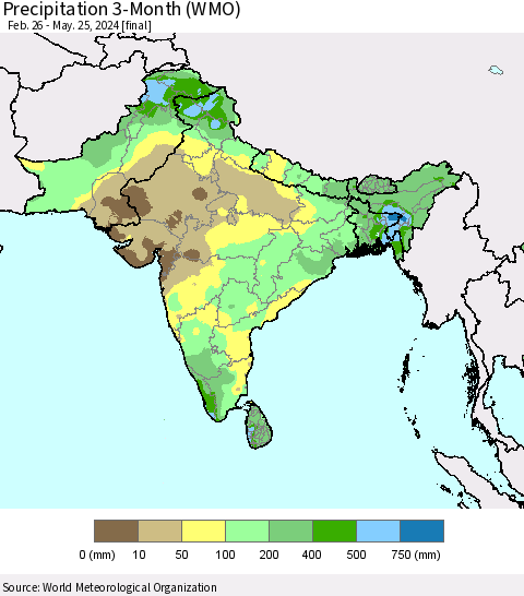 Southern Asia Precipitation 3-Month (WMO) Thematic Map For 2/26/2024 - 5/25/2024