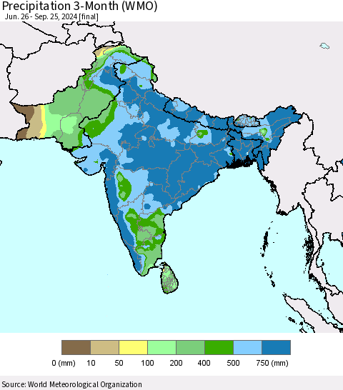Southern Asia Precipitation 3-Month (WMO) Thematic Map For 6/26/2024 - 9/25/2024