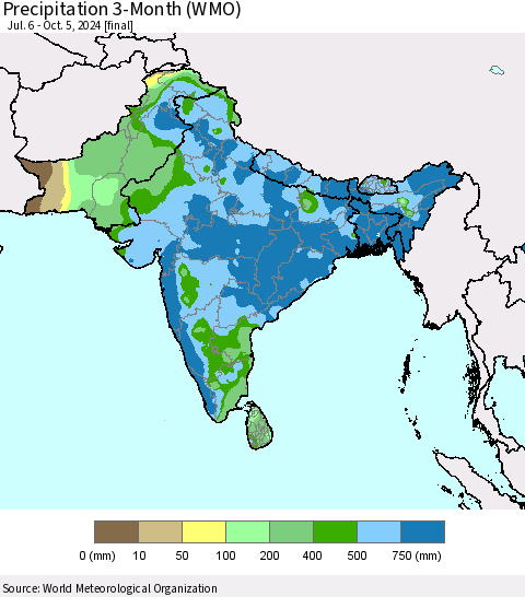 Southern Asia Precipitation 3-Month (WMO) Thematic Map For 7/6/2024 - 10/5/2024