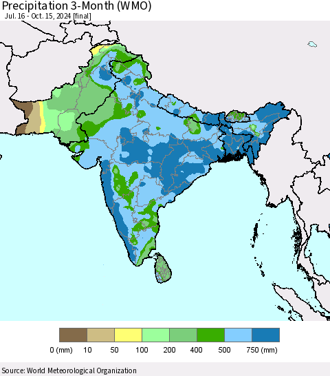 Southern Asia Precipitation 3-Month (WMO) Thematic Map For 7/16/2024 - 10/15/2024