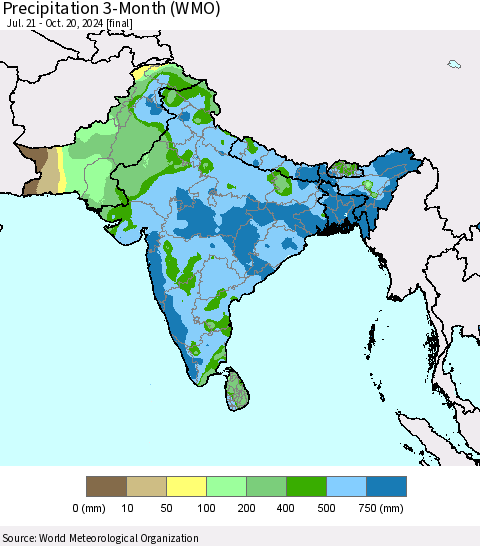 Southern Asia Precipitation 3-Month (WMO) Thematic Map For 7/21/2024 - 10/20/2024