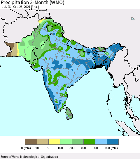 Southern Asia Precipitation 3-Month (WMO) Thematic Map For 7/26/2024 - 10/25/2024