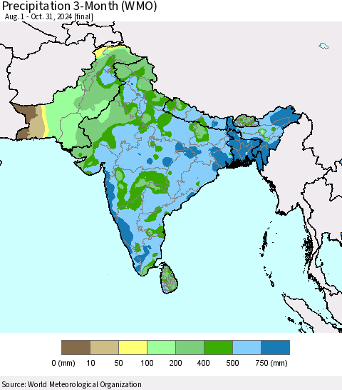 Southern Asia Precipitation 3-Month (WMO) Thematic Map For 8/1/2024 - 10/31/2024