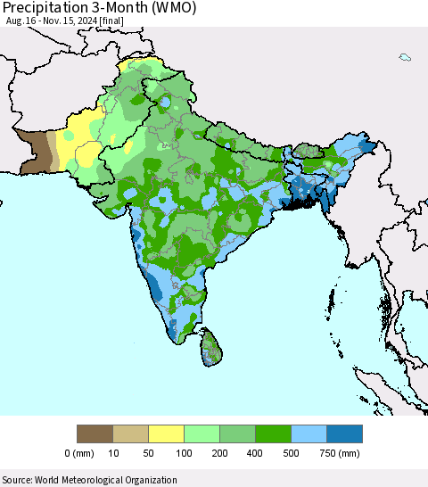 Southern Asia Precipitation 3-Month (WMO) Thematic Map For 8/16/2024 - 11/15/2024