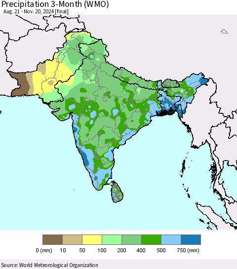 Southern Asia Precipitation 3-Month (WMO) Thematic Map For 8/21/2024 - 11/20/2024