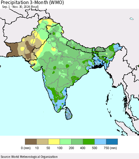 Southern Asia Precipitation 3-Month (WMO) Thematic Map For 9/1/2024 - 11/30/2024