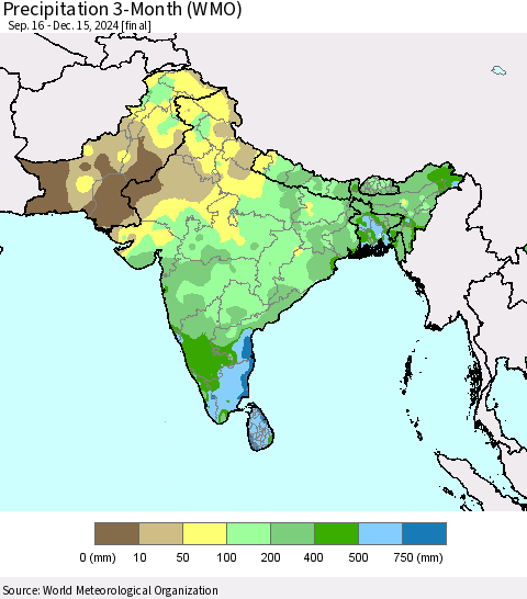 Southern Asia Precipitation 3-Month (WMO) Thematic Map For 9/16/2024 - 12/15/2024