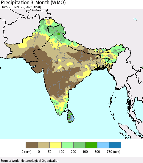 Southern Asia Precipitation 3-Month (WMO) Thematic Map For 12/21/2024 - 3/20/2025