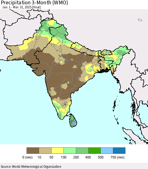 Southern Asia Precipitation 3-Month (WMO) Thematic Map For 1/1/2025 - 3/31/2025