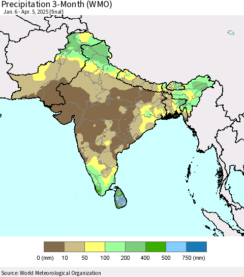Southern Asia Precipitation 3-Month (WMO) Thematic Map For 1/6/2025 - 4/5/2025
