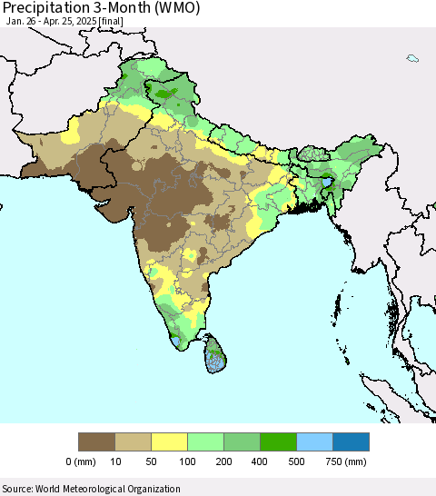 Southern Asia Precipitation 3-Month (WMO) Thematic Map For 1/26/2025 - 4/25/2025