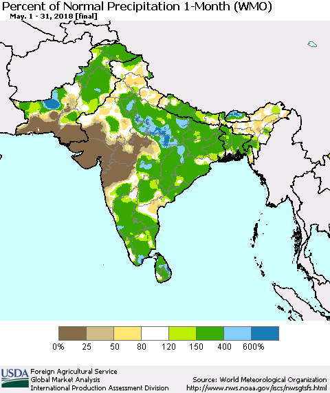 Southern Asia Percent of Normal Precipitation 1-Month (WMO) Thematic Map For 5/1/2018 - 5/31/2018