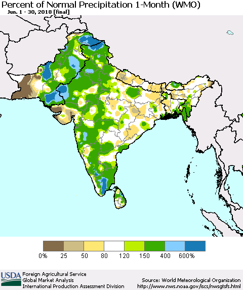 Southern Asia Percent of Normal Precipitation 1-Month (WMO) Thematic Map For 6/1/2018 - 6/30/2018
