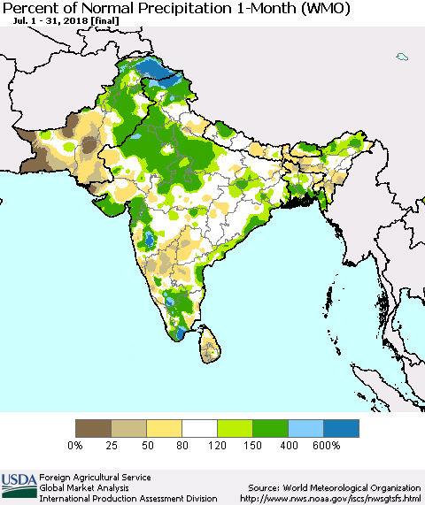 Southern Asia Percent of Normal Precipitation 1-Month (WMO) Thematic Map For 7/1/2018 - 7/31/2018