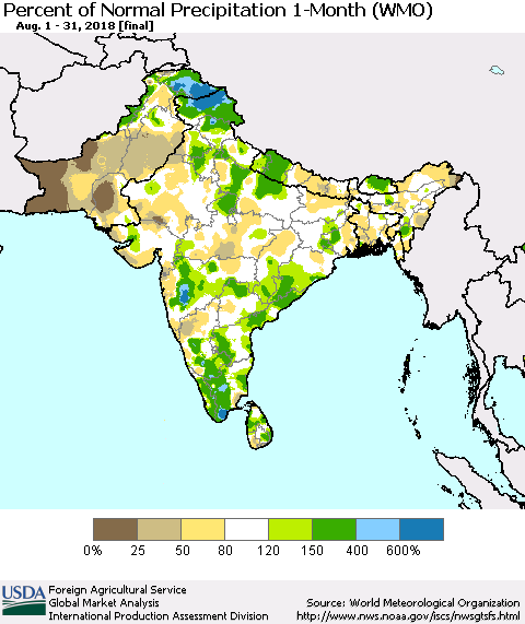 Southern Asia Percent of Normal Precipitation 1-Month (WMO) Thematic Map For 8/1/2018 - 8/31/2018