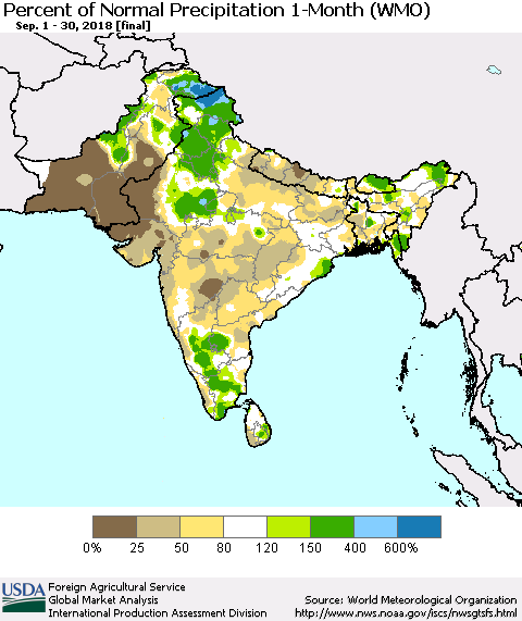 Southern Asia Percent of Normal Precipitation 1-Month (WMO) Thematic Map For 9/1/2018 - 9/30/2018