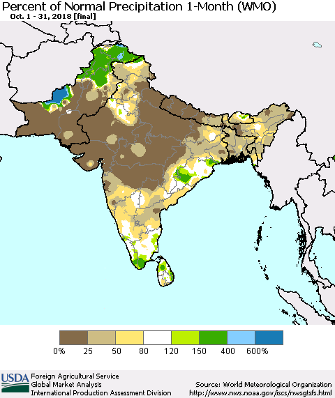 Southern Asia Percent of Normal Precipitation 1-Month (WMO) Thematic Map For 10/1/2018 - 10/31/2018