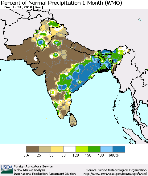 Southern Asia Percent of Normal Precipitation 1-Month (WMO) Thematic Map For 12/1/2018 - 12/31/2018