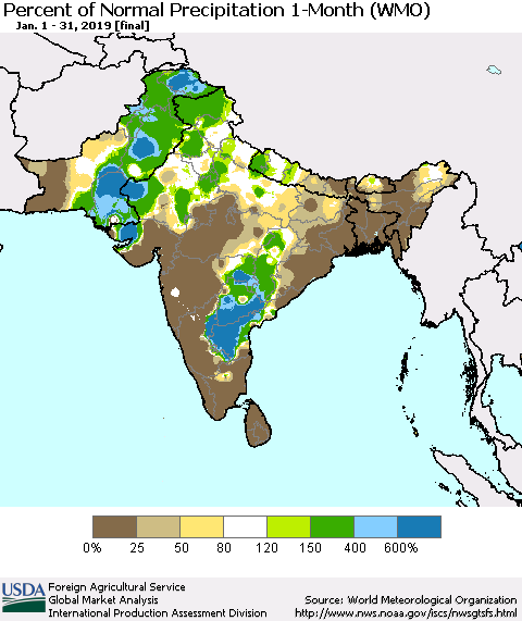 Southern Asia Percent of Normal Precipitation 1-Month (WMO) Thematic Map For 1/1/2019 - 1/31/2019