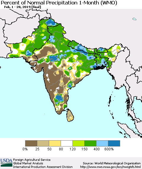 Southern Asia Percent of Normal Precipitation 1-Month (WMO) Thematic Map For 2/1/2019 - 2/28/2019