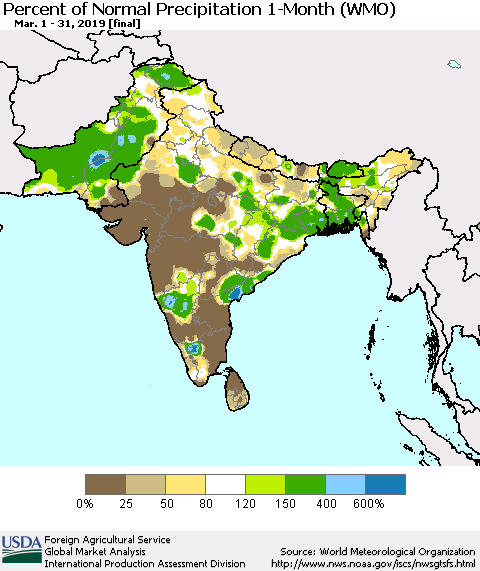 Southern Asia Percent of Normal Precipitation 1-Month (WMO) Thematic Map For 3/1/2019 - 3/31/2019