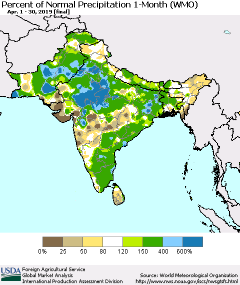 Southern Asia Percent of Normal Precipitation 1-Month (WMO) Thematic Map For 4/1/2019 - 4/30/2019