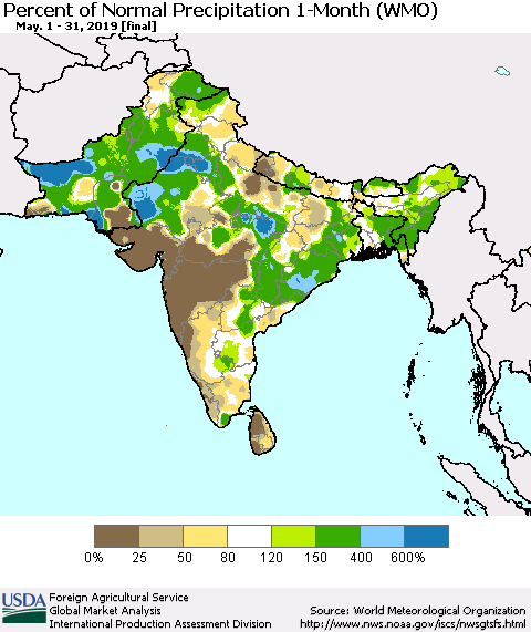 Southern Asia Percent of Normal Precipitation 1-Month (WMO) Thematic Map For 5/1/2019 - 5/31/2019