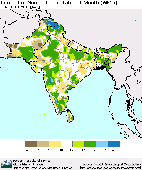 Southern Asia Percent of Normal Precipitation 1-Month (WMO) Thematic Map For 7/1/2019 - 7/31/2019