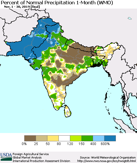 Southern Asia Percent of Normal Precipitation 1-Month (WMO) Thematic Map For 11/1/2019 - 11/30/2019