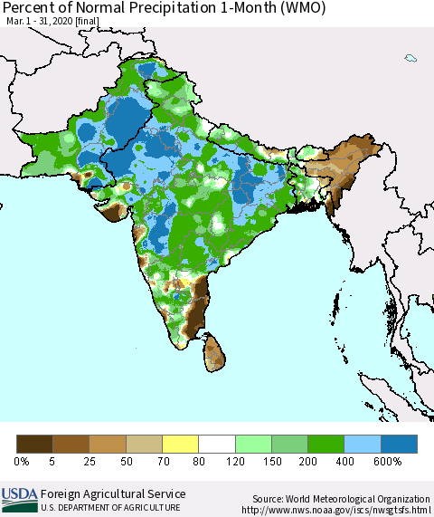 Southern Asia Percent of Normal Precipitation 1-Month (WMO) Thematic Map For 3/1/2020 - 3/31/2020