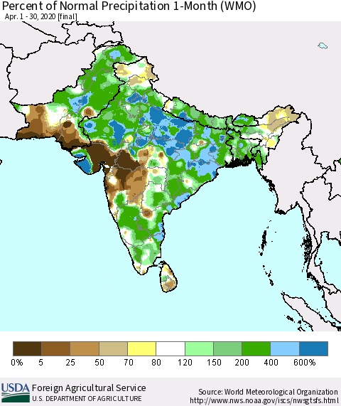 Southern Asia Percent of Normal Precipitation 1-Month (WMO) Thematic Map For 4/1/2020 - 4/30/2020